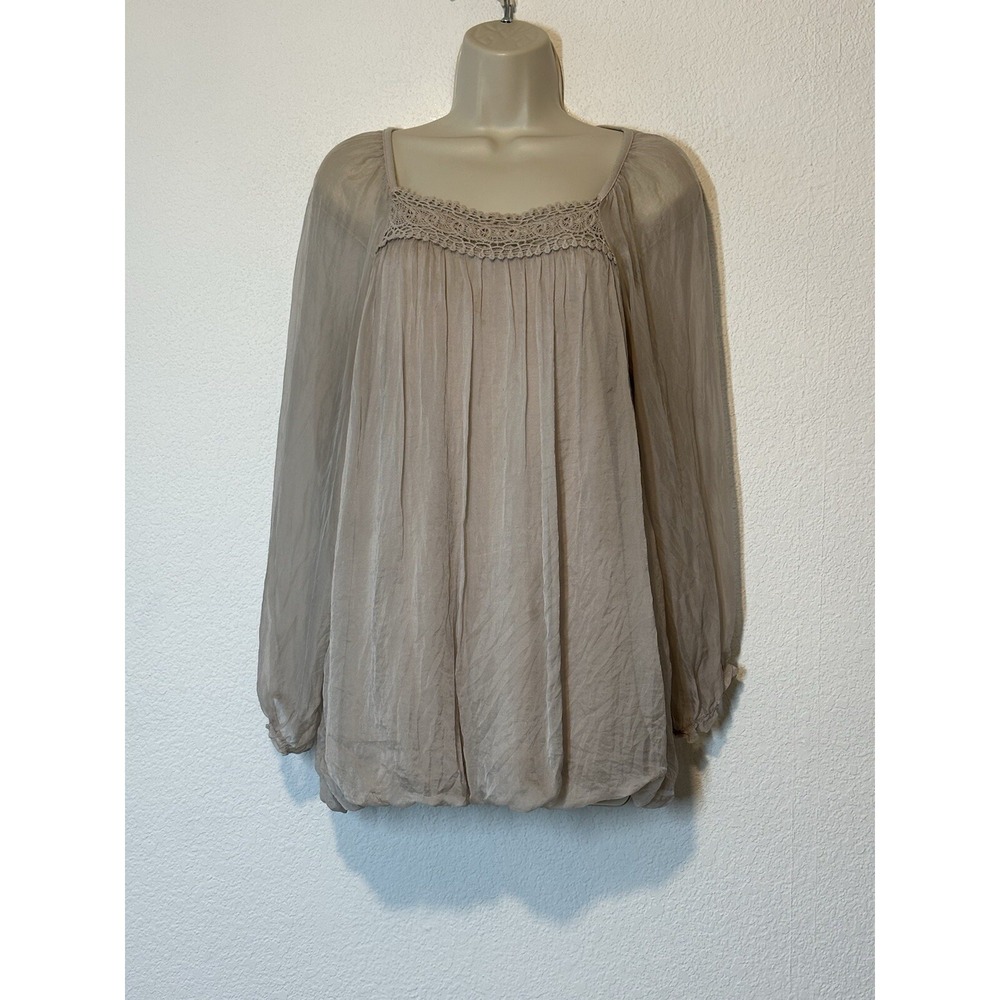 Elena Baldi Large Silk Pink Rose Blouseโ Long Sheer Sleeve Top Boho Cottagecore